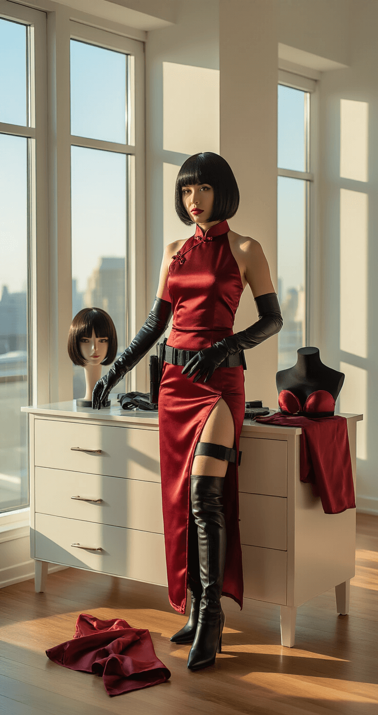 A woman arranges Ada Wong cosplay elements, including a crimson cheongsam, black leather gloves, and a tactical thigh holster, in a stylish urban loft with floor-to-ceiling windows, bathed in golden hour light.