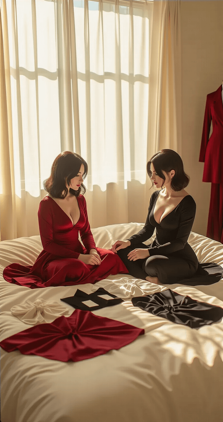 Cozy bedroom with soft natural light illuminating various Ada Wong costume pieces on a cream-colored bedspread, including red dresses and black accessories, as a woman sits cross-legged comparing fabric textures.