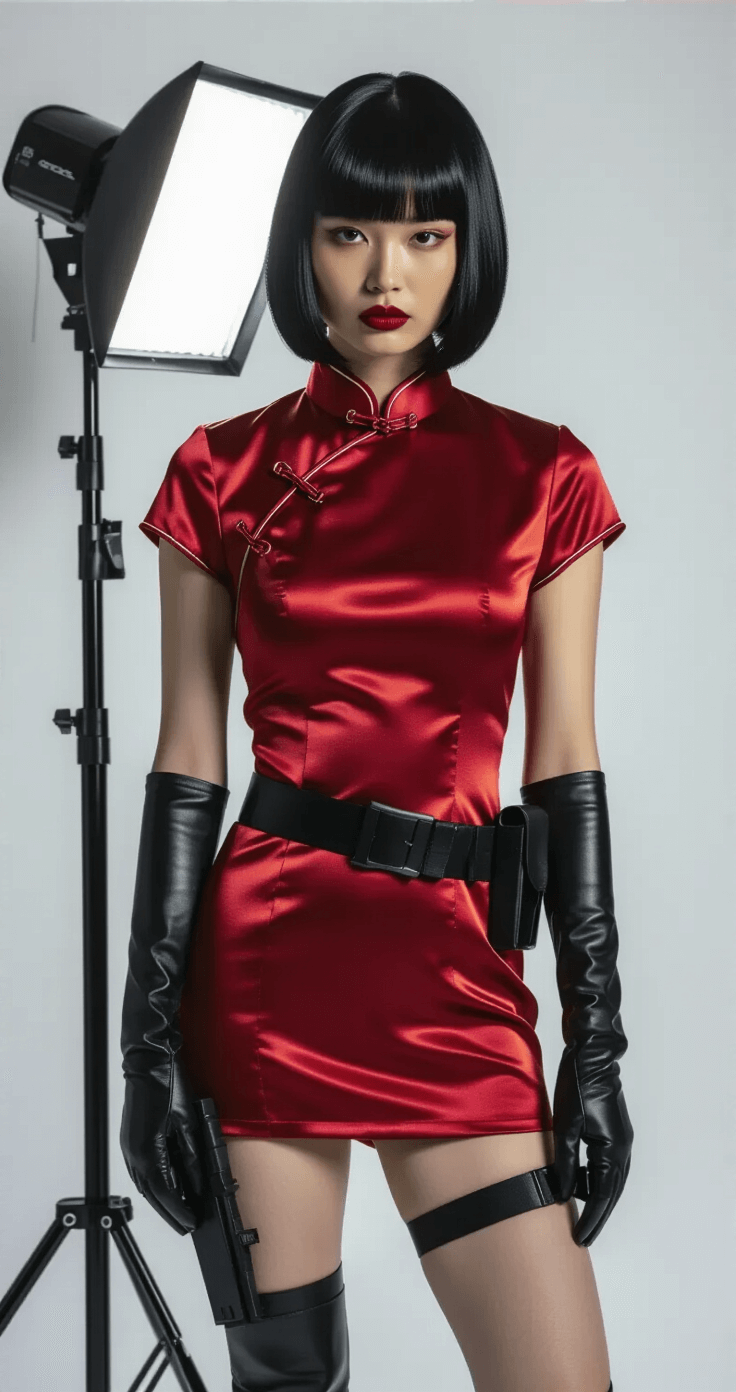 Model in a deep red cheongsam with black leather gloves and a tactical holster, posed in a professional photography studio with a seamless white backdrop and controlled lighting, emphasizing luxurious textures and a mysterious expression.