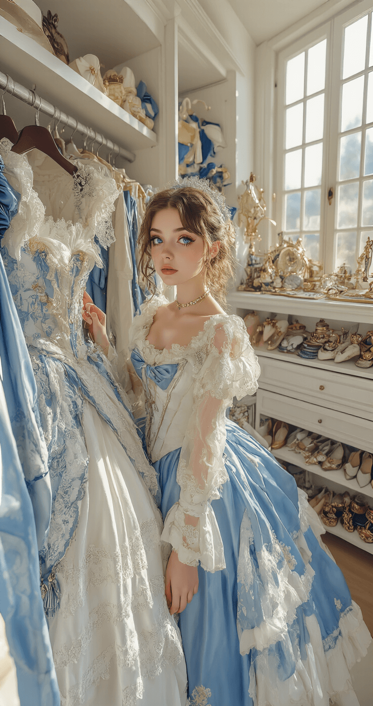 A young woman with heterochromatic eyes poses in a sunlit walk-in closet filled with organized rococo-inspired costumes and accessories, examining an intricate lace cosplay dress as warm golden light highlights the space's elegant textures and craftsmanship.