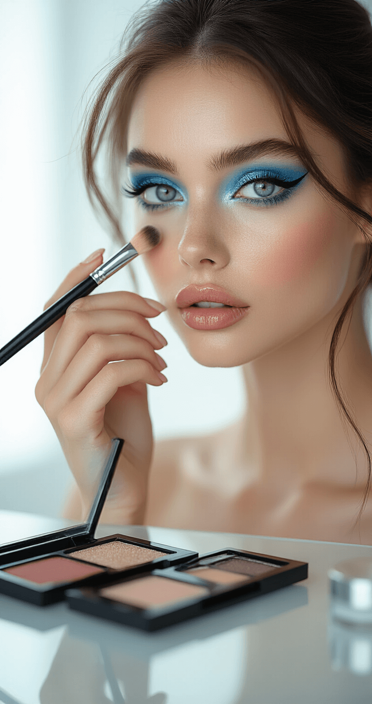 Model applying intricate eye makeup with blue pigments in a minimalist photography studio, showcasing dramatic makeup artistry under soft, diffused lighting with a clean white backdrop and a sleek glass table filled with cosmetics and tools.