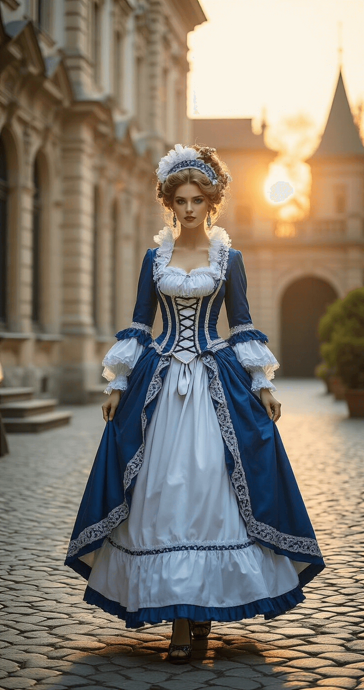A confident cosplayer in an elaborate rococo-inspired blue and white costume walks through a historic European courtyard, enhanced by golden hour light; ornate accessories and flowing fabrics showcase a blend of historical elegance and contemporary creativity against a backdrop of cobblestone pathways and classical architecture.