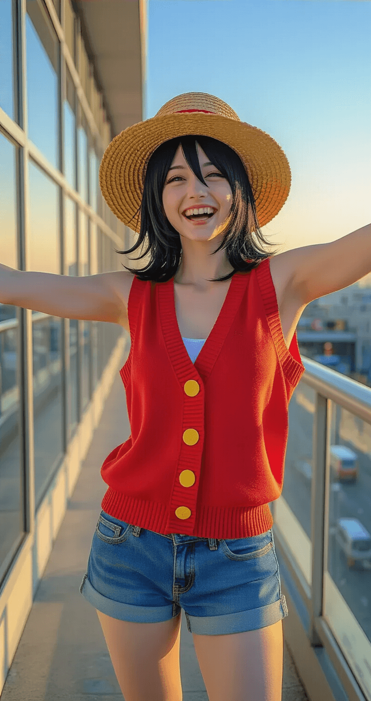 A young woman in vibrant One Piece Luffy cosplay stands on a convention center balcony, wearing a red cardigan vest and denim shorts, with Luffy's straw hat casting shadows on her face. She is laughing joyfully in an energetic pose, with warm golden hour light highlighting her outfit and the convention atmosphere reflected in the glass windows behind her.