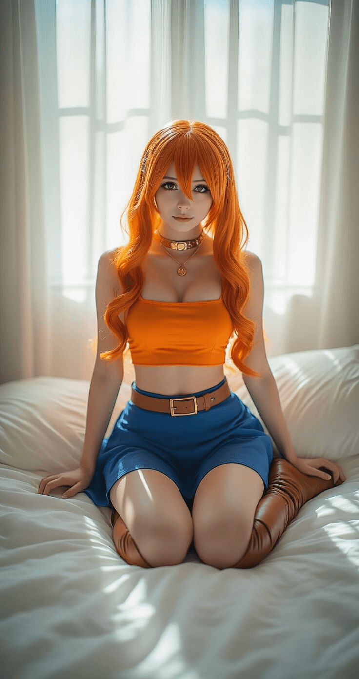 A minimalist bedroom with soft natural lighting features a female cosplayer arranging her Nami cosplay outfit on a white bed. The ensemble includes an orange crop top, blue mini skirt, and brown boots, while her vibrant orange wig is elegantly placed on silk pillowcases. Gold jewelry and a clima-tact prop are nearby, with morning sunlight filtering through sheer curtains, creating a dreamy atmosphere. The scene is captured from a slight overhead angle, highlighting the warm color palette of oranges, blues, and whites.