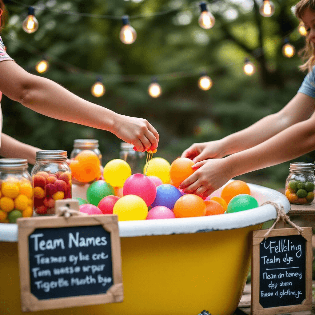 Intimate close-up of hands filling and tying colorful water balloons at a DIY station, featuring a vintage yellow enamel bathtub as the water source, mason jars of natural dyes, and handwritten chalkboard signs, illuminated by warm Edison bulbs with a festive bokeh backdrop.
