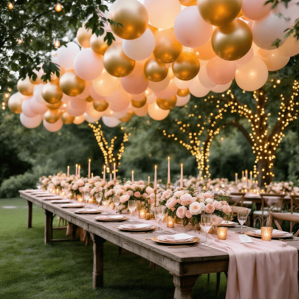 A dreamy garden wedding reception at golden hour, featuring a long rustic wooden table with blush pink silk linens, surrounded by lush floral centerpieces, illuminated by soft candlelight in mercury glass votives, beneath a shimmering canopy of gold and ivory balloons, and entwined fairy lights in nearby trees.