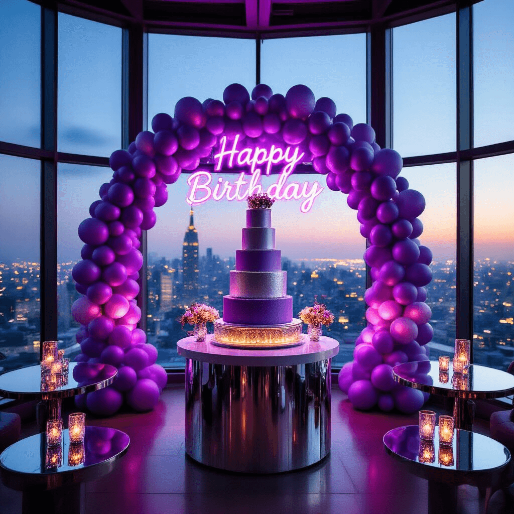 An extravagant birthday celebration in a modern rooftop lounge at twilight, featuring a towering lavender and silver 5-tier cake surrounded by an ombré purple balloon arch, mirrored cocktail tables with crystal candelabras, and a glowing 'Happy Birthday' neon sign, all against a backdrop of a twinkling cityscape through floor-to-ceiling windows.