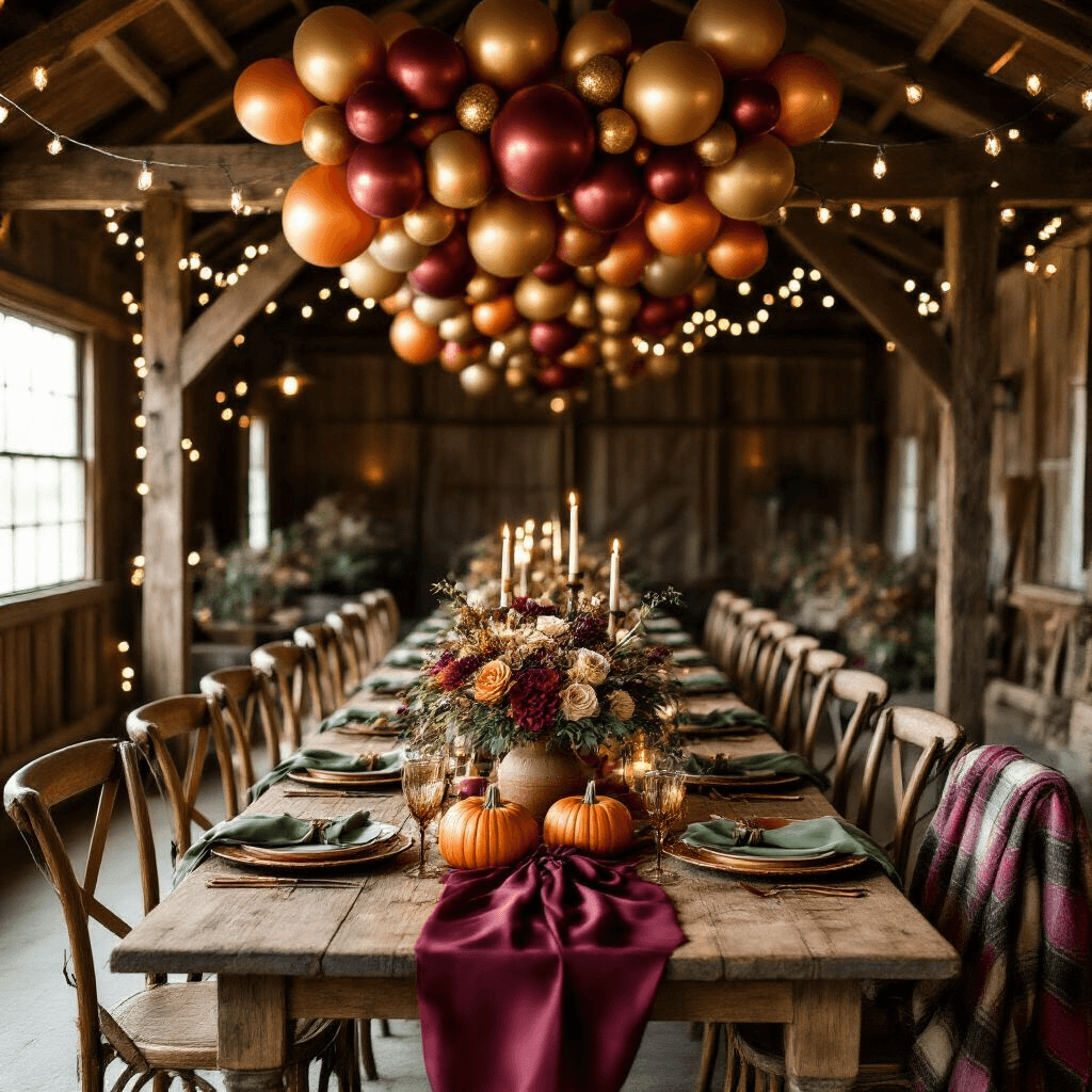 Cozy autumn dinner party in a rustic barn with wooden beams draped in fairy lights and burgundy ribbons, a farmhouse table set with terracotta linens and sage green napkins, featuring floral centerpieces, heirloom pumpkins, and candles, beneath a copper and gold balloon canopy, with wooden chairs and plaid blankets in warm, moody lighting.