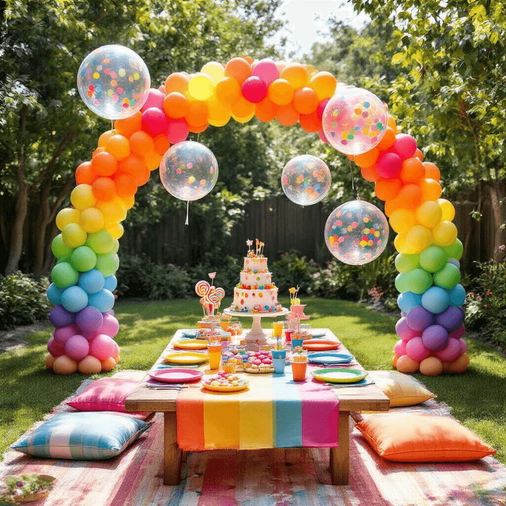 A vibrant children's birthday party setup in a sunlit backyard, featuring a rainbow balloon arch, colorful picnic tables with cushions, a dessert cart overflowing with sweet treats, and giant confetti-filled balloons, all captured from a child's perspective.