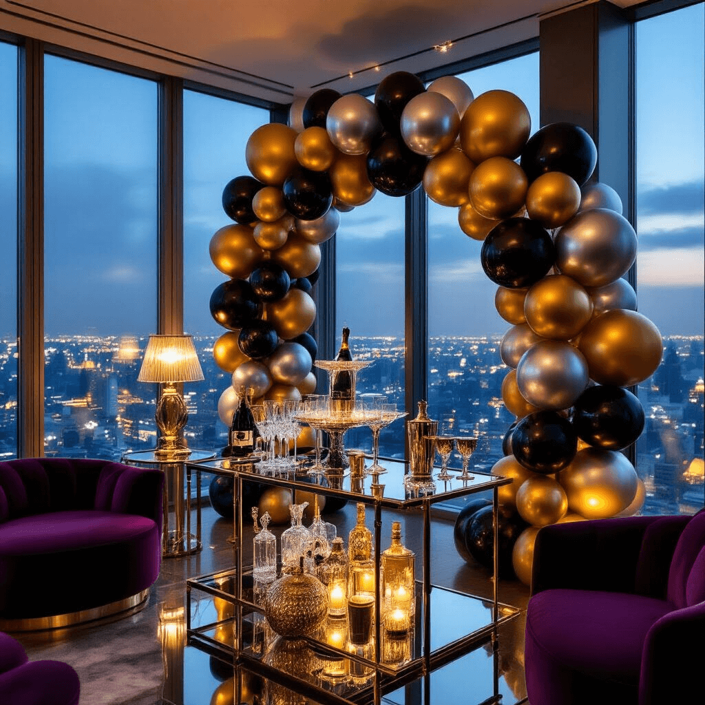 An elegant New Year's Eve cocktail party in a luxurious penthouse with floor-to-ceiling windows showcasing a city skyline, featuring a metallic balloon installation, champagne tower, stocked acrylic bar carts, jewel-toned velvet furniture, mirrored tables, and a statement clock counting down to midnight, all illuminated by soft ambient lighting.