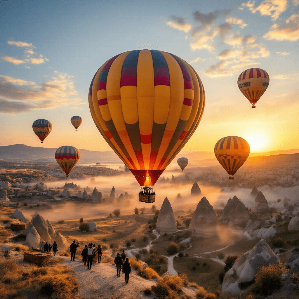 A vibrant sunrise hot air balloon launch in Cappadocia, Turkey, featuring colorful balloons inflating and ascending against unique rock formations, bathed in warm golden light, with wicker baskets and excited passengers amidst soft morning mist.