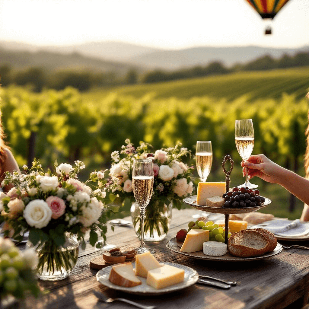 An elegant post-flight celebration in a Napa Valley vineyard featuring a rustic wooden table with floral arrangements, polished silverware, etched champagne flutes, and a display of cheeses, grapes, and breads, with laughing passengers toasting and a gently deflating hot air balloon in the background.