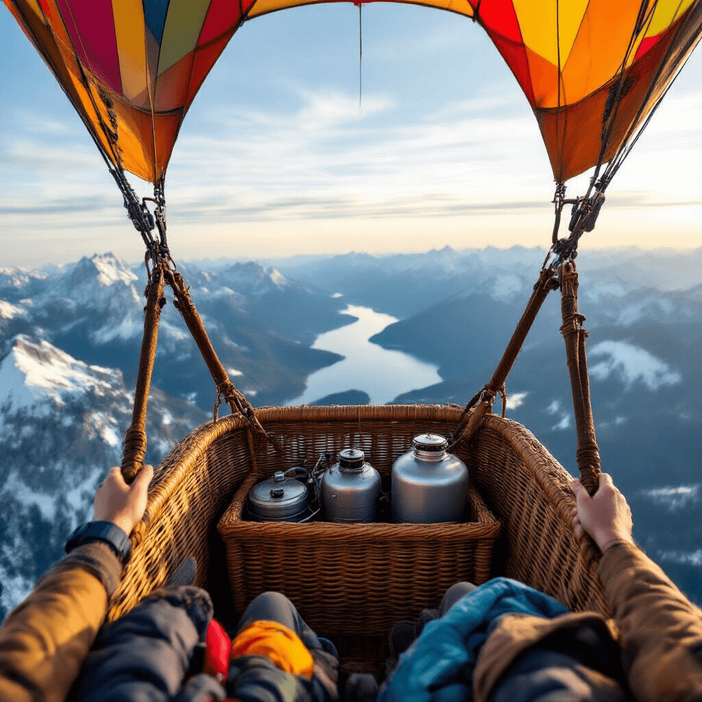 Aerial view of a wicker hot air balloon basket with passengers gripping the edges, drifting above snow-capped Rocky Mountains and alpine lakes, bathed in soft, diffused light.