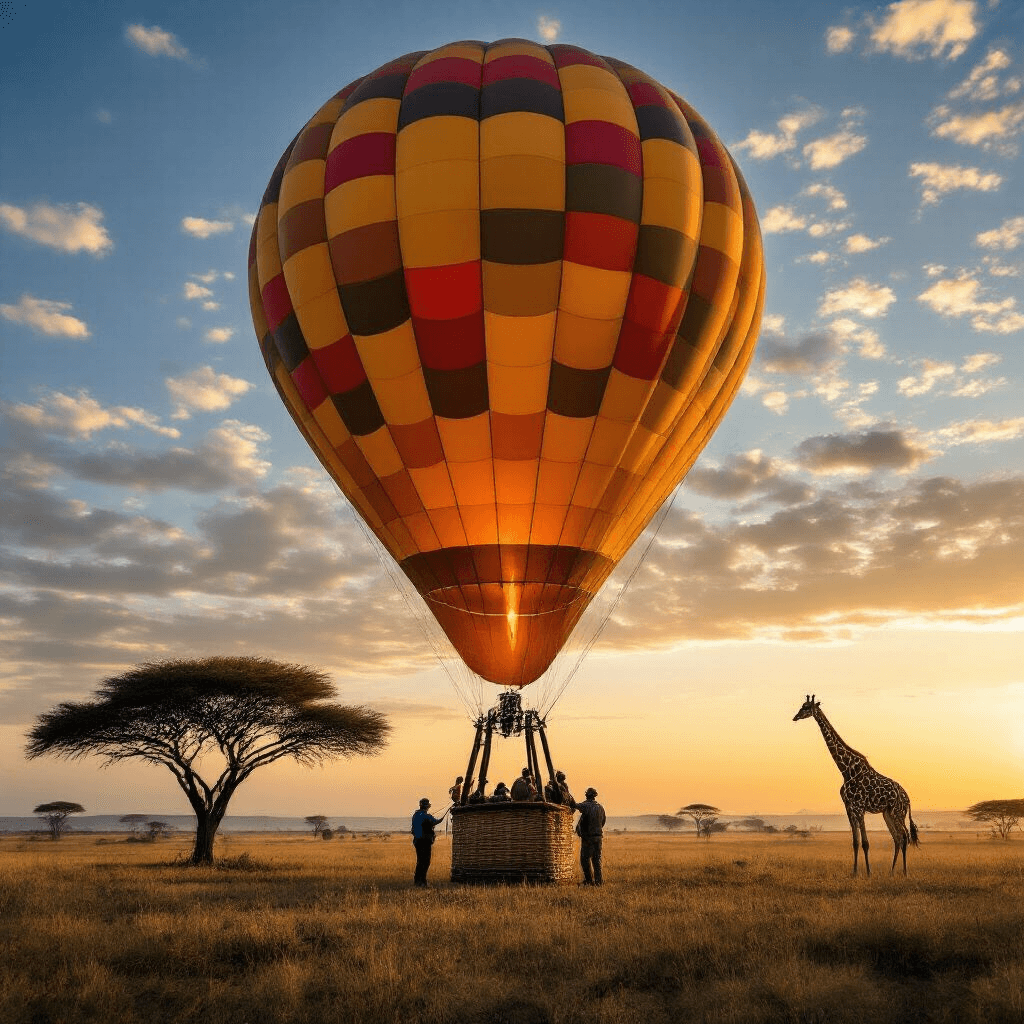 A partially inflated hot air balloon with bold patterns set against an African savanna at dawn, featuring silhouetted acacia trees and a giraffe in the distance. Guides are seen securing ropes and assisting passengers as the first light of sunrise touches the sky.