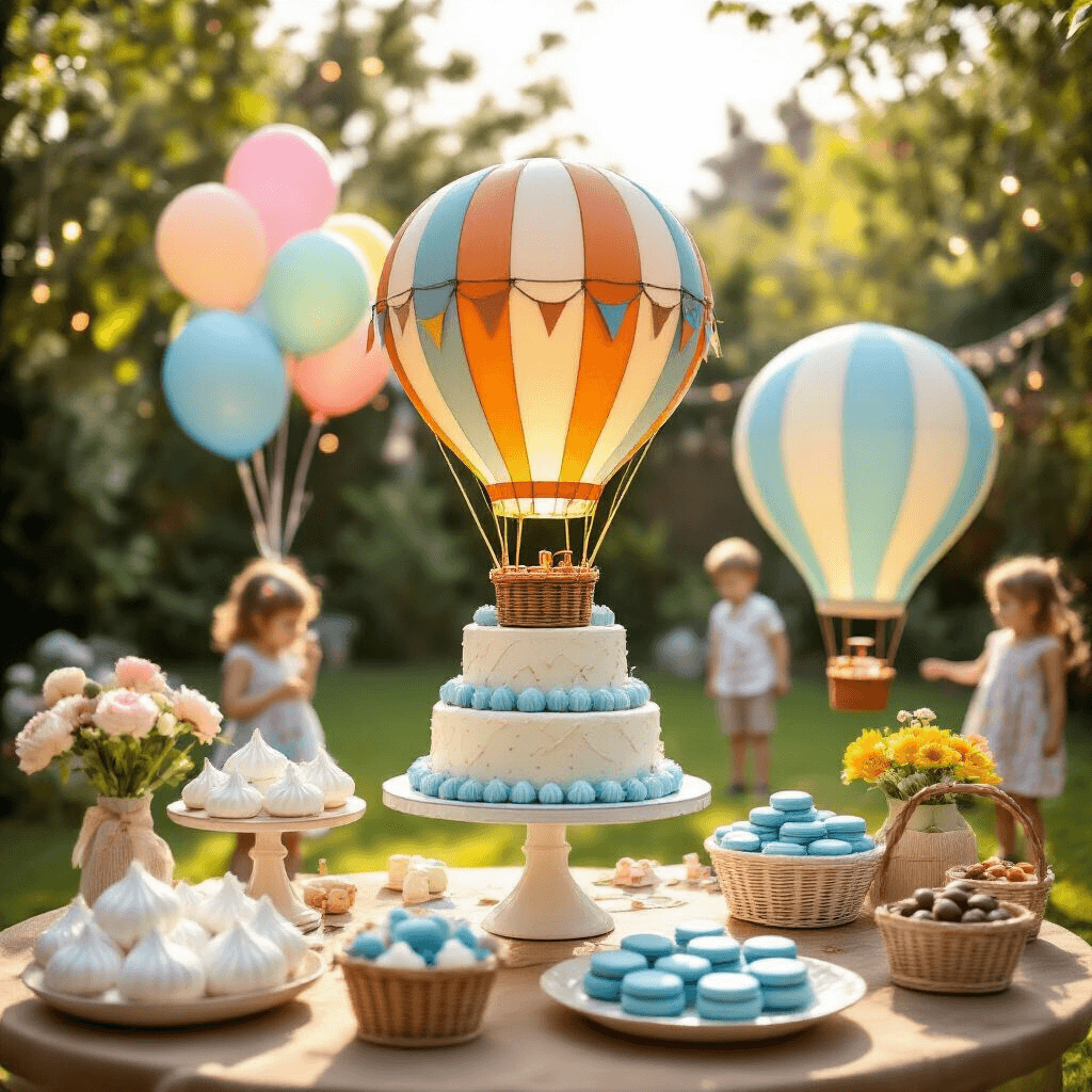 A vibrant birthday party setup featuring a dessert table with a hot air balloon-themed tiered cake, cloud-shaped meringues, sky-blue macarons, and chocolate truffles. Helium balloons and fairy lights fill the sunlit backyard, while children play nearby with colorful toy balloons and a cardboard balloon cutout. The scene is filled with joy and a sense of adventure.