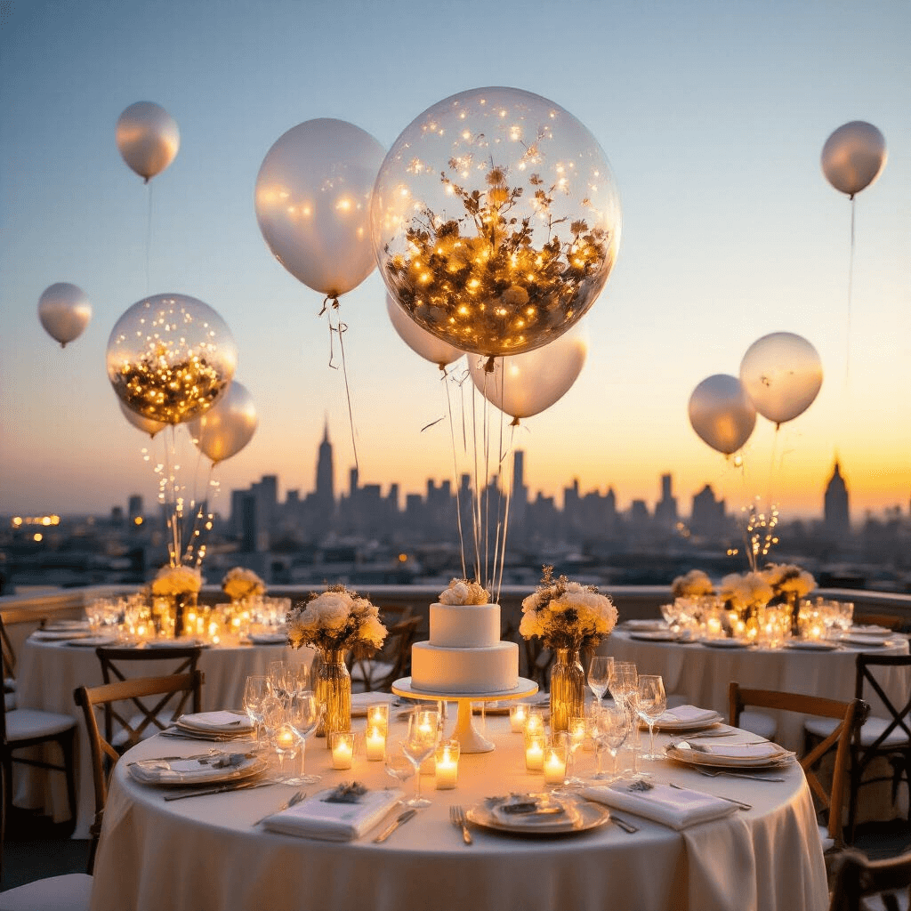 A wide-angle view of a twilight rooftop terrace celebration featuring elegant round tables with ivory silk linens, clear balloon centerpieces filled with twinkling fairy lights, and helium-filled clear balloons. A dessert cart with a tiered cake and miniature floral arrangements is in the foreground, all set against a backdrop of the city skyline bathed in soft golden hour light.