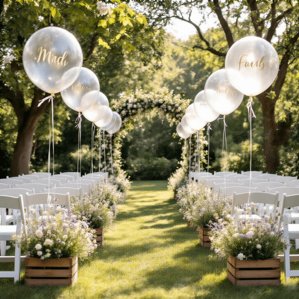 An intimate garden wedding setup featuring rows of white chairs facing a floral arch intertwined with clear balloons filled with baby's breath, sunlight filtering through trees. The aisle is decorated with clear balloons anchored by rustic wooden crates overflowing with lavender and cream wildflowers. A detailed close-up of a chair back showcases a clear balloon with a hand-calligraphed table number, highlighting the vibrant flowers against the translucent balloons.