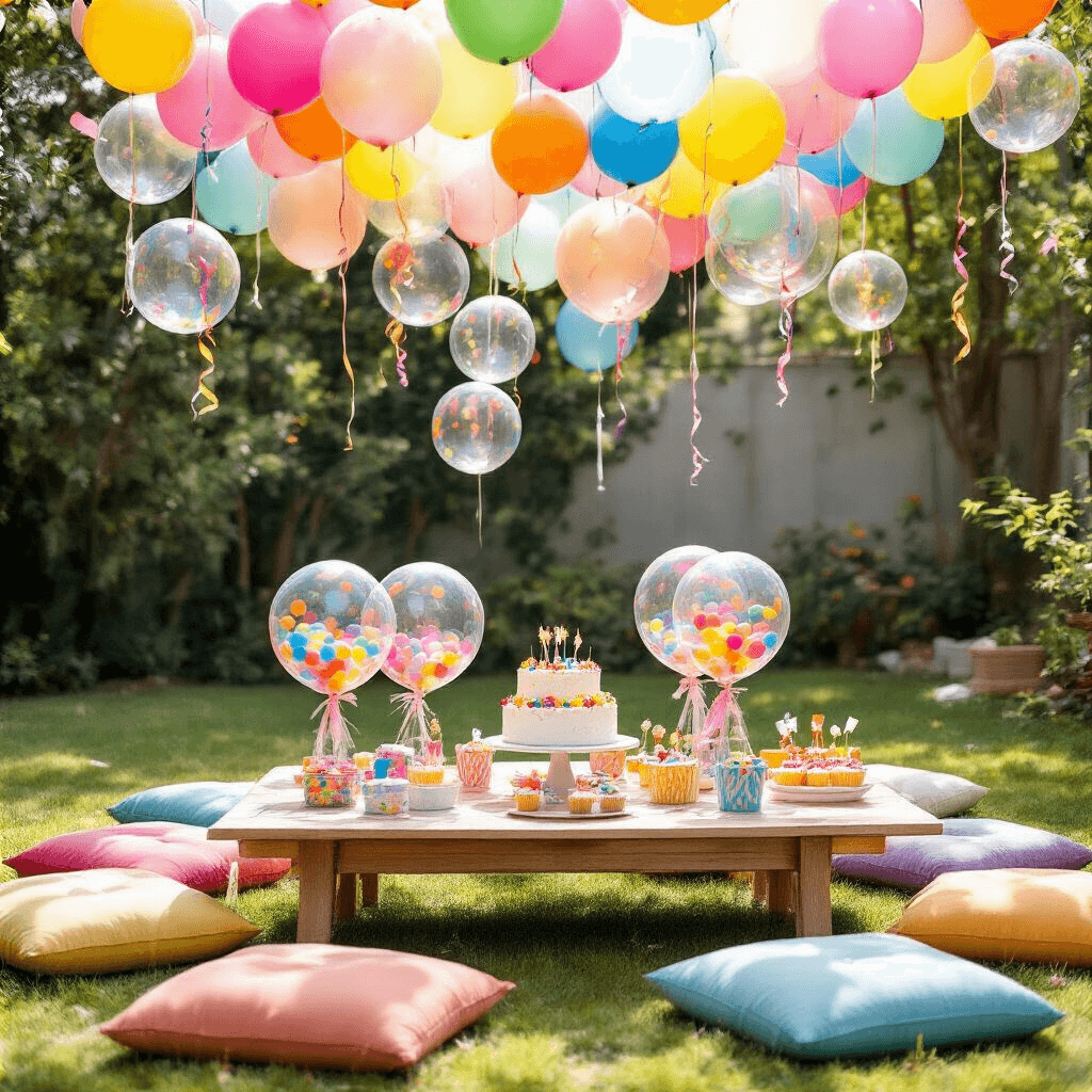 A vibrant child's birthday party in a sun-drenched backyard featuring a low table with colorful floor cushions, topped with clear balloons filled with confetti and tiny toys, surrounded by a DIY photo booth backdrop of balloons, pinwheels, and streamers, and a cake table with a homemade cake and cupcake-filled balloon 'bubbles'.
