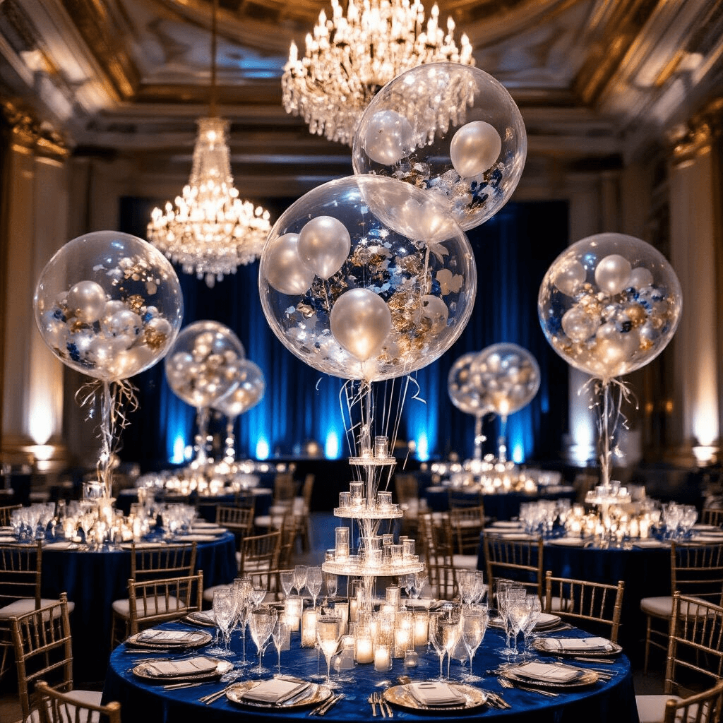 An elegant New Year's Eve soirée in a grand ballroom featuring crystal chandeliers, towering balloon sculptures filled with silver and gold confetti, and a luxurious champagne tower adorned with clear balloons containing edible gold leaf, all set against a backdrop of twinkling lights and moody reflections.