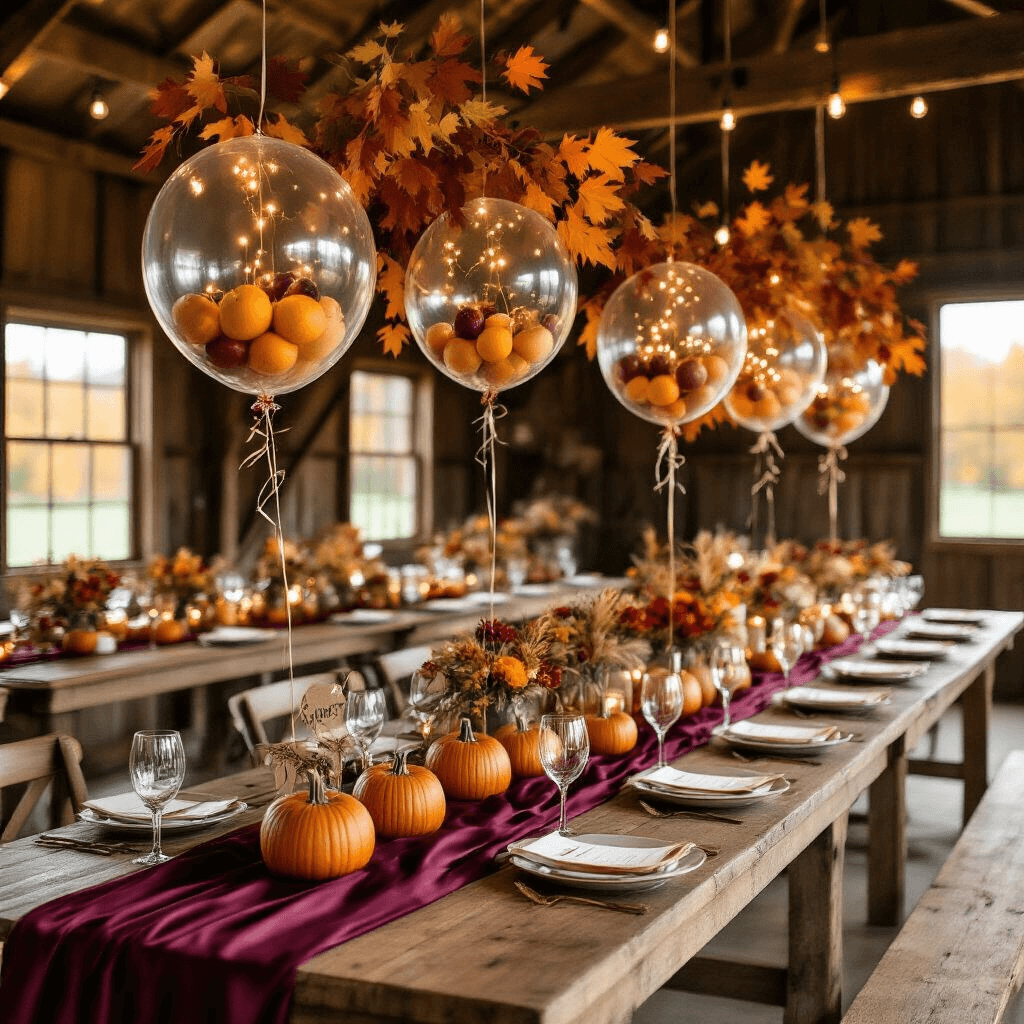 A cozy autumn bridal shower in a rustic barn with long farmhouse tables adorned in burgundy silk runners, clear balloon centerpieces with miniature pumpkins, and clusters of balloons filled with dried leaves overhead. A DIY mimosa bar is featured in one corner with balloons filled with fresh fruit slices. An overhead shot shows a beautifully set place setting with a clear balloon place card holder holding a personalized autumn leaf, all captured in warm, natural lighting.