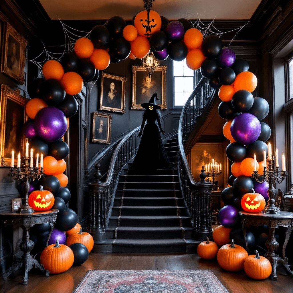 A dimly lit Victorian mansion foyer decorated for Halloween, featuring a grand balloon arch in black, orange, and metallic purple, spider web details, LED-lit ghost balloons, floating pumpkin balloon clusters on the staircase, a life-sized witch silhouette made of black balloons, flickering candelabras on antique side tables, and vintage portraits with googly balloon eyes, all captured from a low angle.