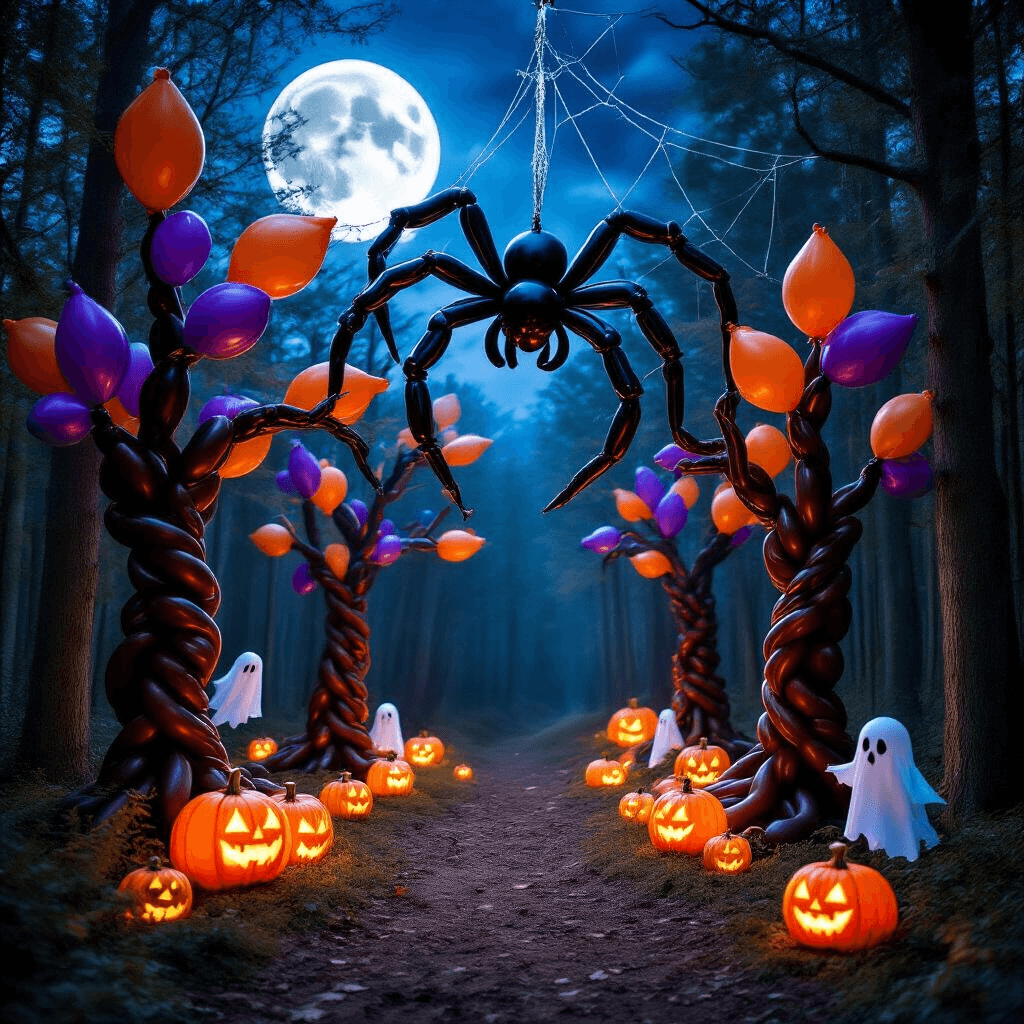 A whimsical enchanted forest clearing under a full moon, featuring balloon artistry with twisted brown and black tree trunks, branches adorned with orange and purple leaf-shaped balloons, a large black balloon spider, silver mylar web strands, glowing jack-o'-lantern balloon clusters, and ghostly balloon figures, all illuminated by ethereal blue moonlight.