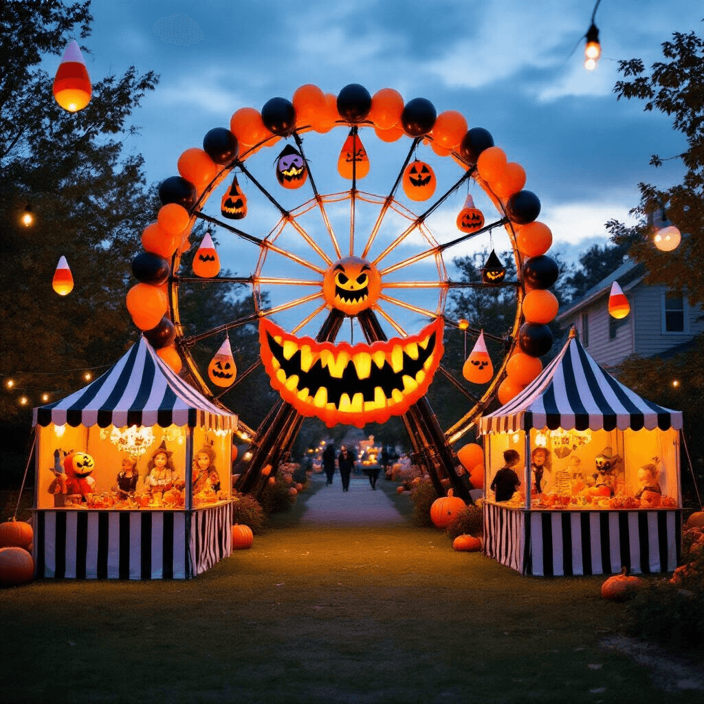 A whimsical Halloween carnival in a suburban backyard at twilight features a balloon ferris wheel with spooky character balloons, striped booths for twisted carnival games, and a grand balloon arch shaped like a grinning monster mouth. Guests walk through its 'teeth,' while candy corn and witch hat balloons float overhead under warm string lights.
