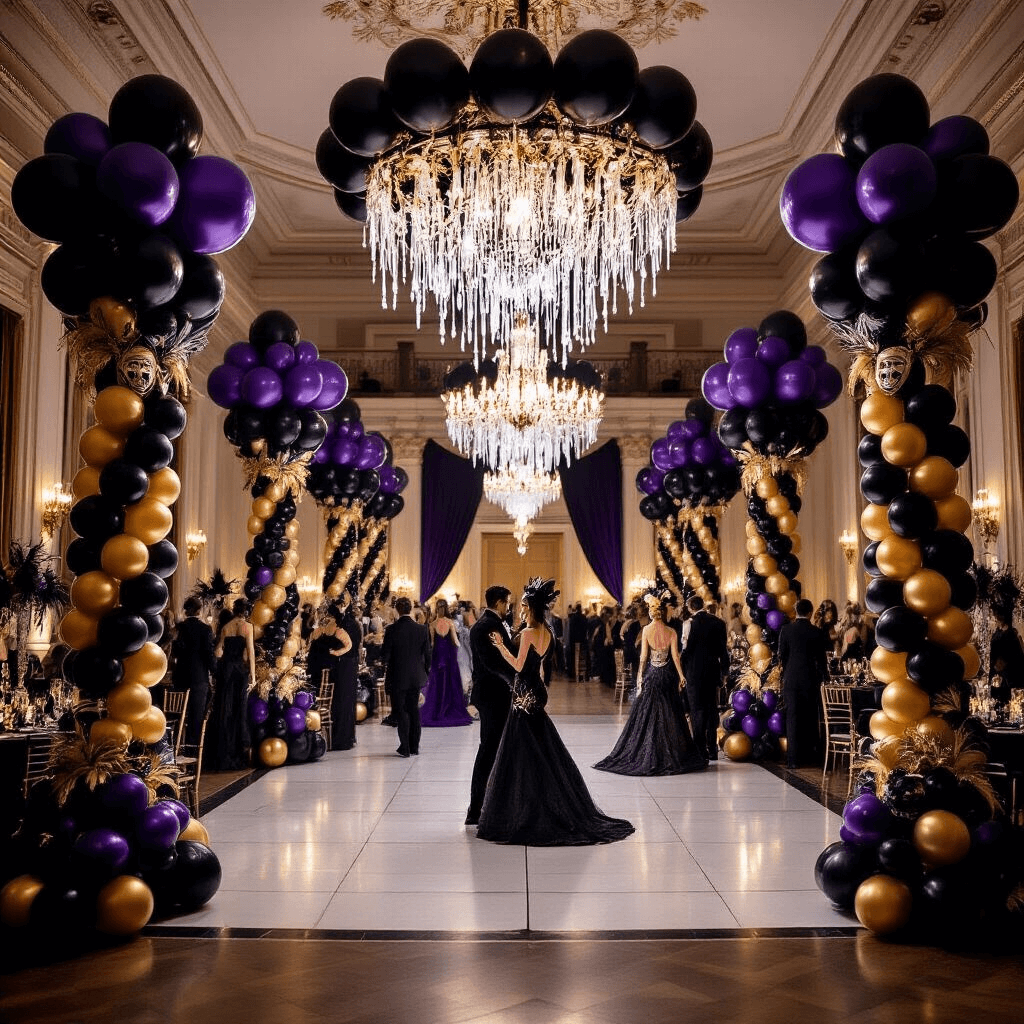 An opulent Halloween masquerade ball in a grand ballroom, featuring towering black and gold balloon columns, a chandelier-inspired balloon sculpture with clear balloons and LED lights, elegant table centerpieces with deep purples and golds, and a haunted mirror balloon backdrop, all showcasing the grandeur and mystique of the event.