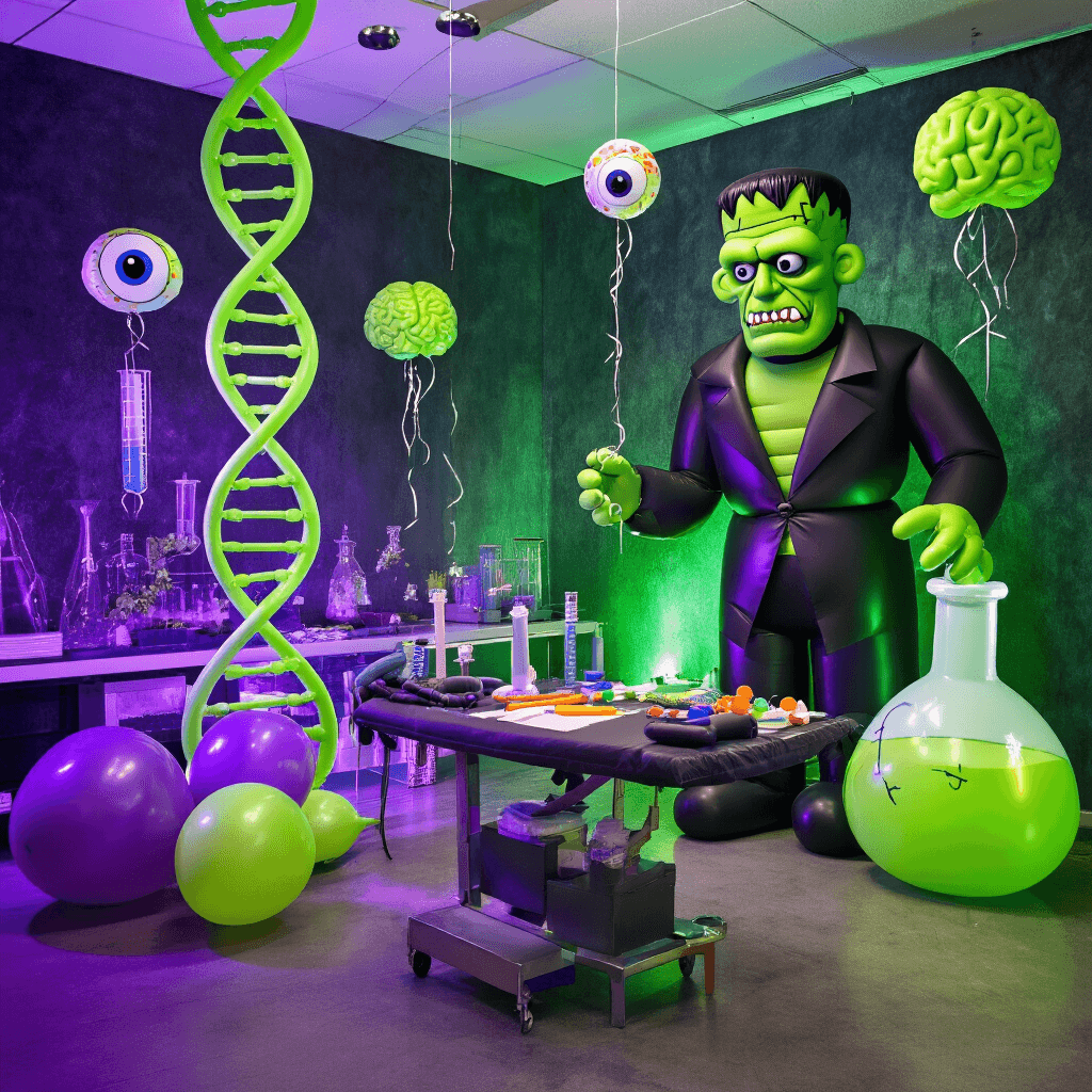 A vibrant kids' Halloween party scene depicting a mad scientist's laboratory with balloon DNA helixes, giant beaker sculptures, a 'monster creation station' with oversized balloon tools, and floating brain and eyeball balloons under eerie slime-green uplighting, all captured in playful close-ups.