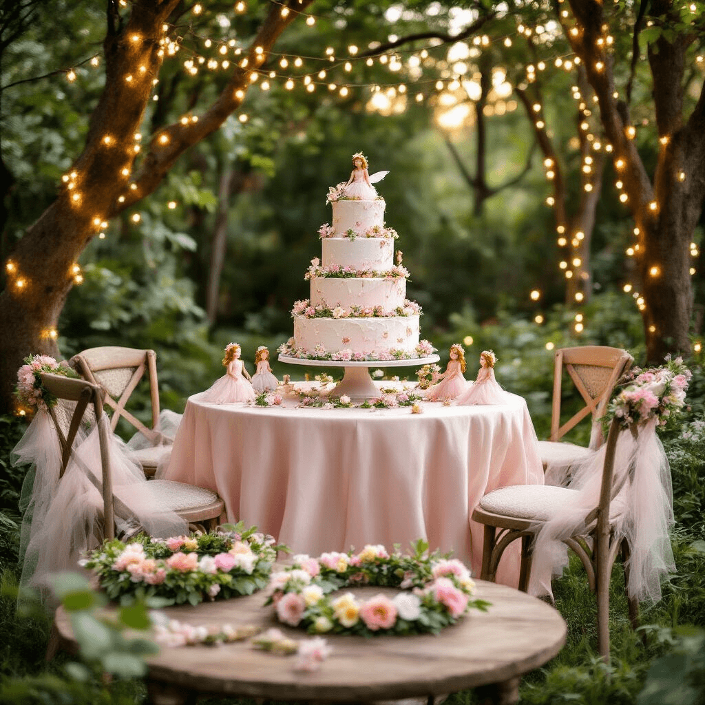 A whimsical Fairy Garden Wonderland birthday party in a lush backyard at golden hour, featuring twinkling fairy lights, a rustic wooden table with a blush pink silk tablecloth, an elaborate tiered cake decorated with edible flowers and miniature fairies, mismatched vintage chairs with tulle and flower crowns, and a DIY flower crown station with pastel blooms, captured from a low angle with soft, dreamy lighting filtering through the trees.