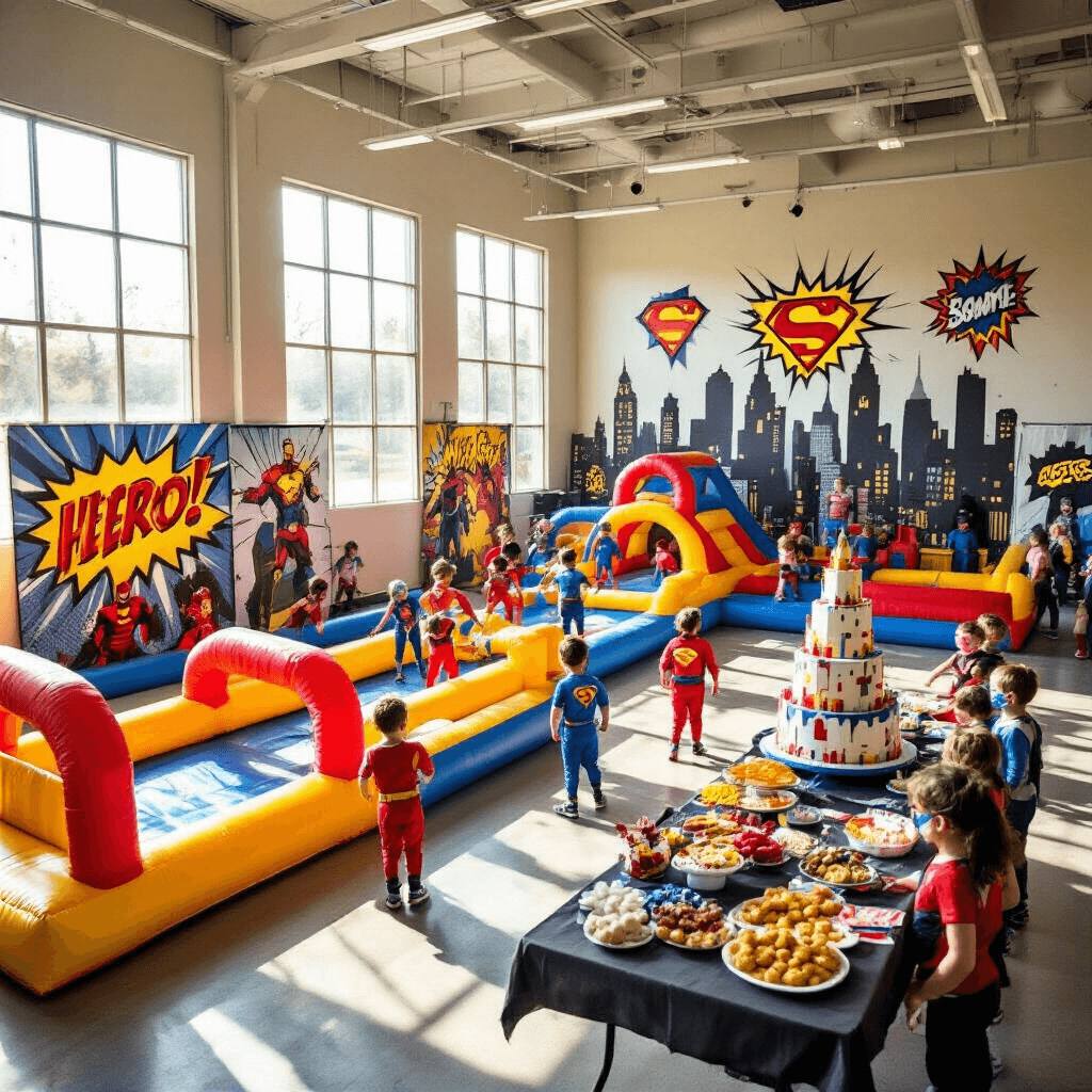 An action-packed superhero training camp birthday celebration inside a spacious gym, featuring children in colorful costumes navigating an inflatable obstacle course, vibrant comic book backdrops, a buffet of themed snacks, and a towering city skyline cake, all illuminated by bright sunlight streaming through large windows.