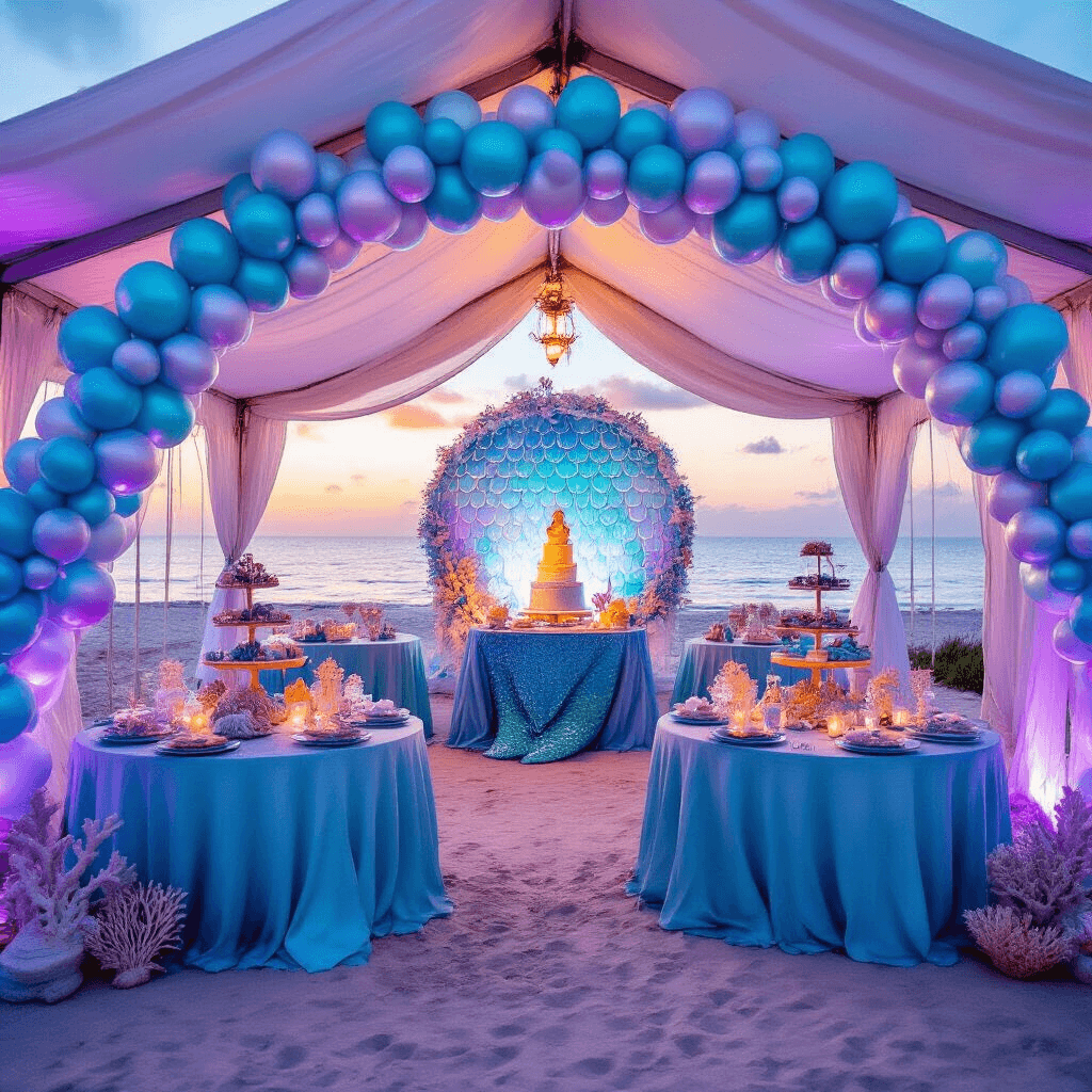 A whimsical underwater mermaid adventure party under a sunset, featuring a large tent with flowing white sides, iridescent balloon arch, ombré blue table linens, seashell centerpieces, a mermaid tail cake display, and soft purple and teal lighting, all framed by a golden sky and ocean waves.