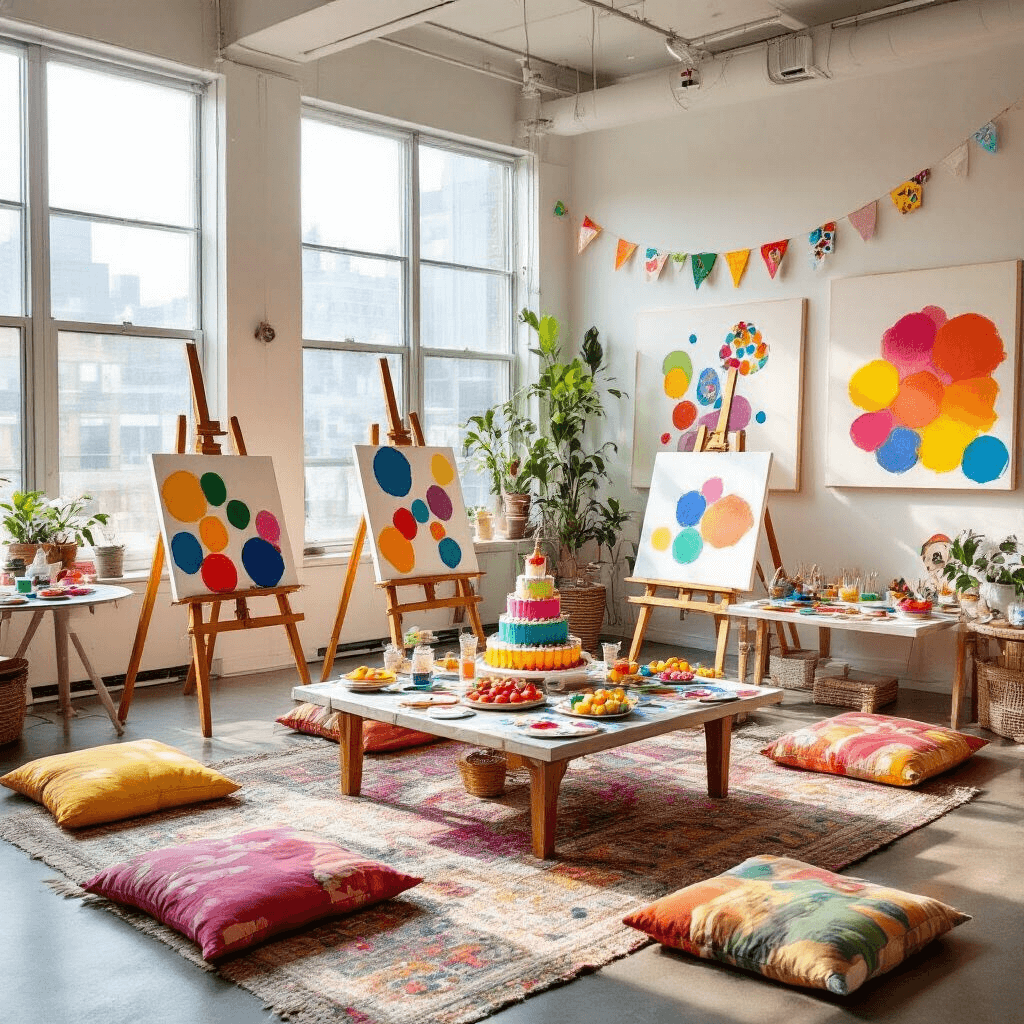 A cozy indoor art party in a modern apartment with floor-to-ceiling windows, featuring colorful floor cushions around low tables with easels and vibrant paints. Oversized blank canvases and children's artwork decorate the walls. A central whimsical cake mimics a paint palette, surrounded by color-coordinated cupcakes and fruit platters. Young guests engage in joyful creativity, captured from a slight overhead angle.