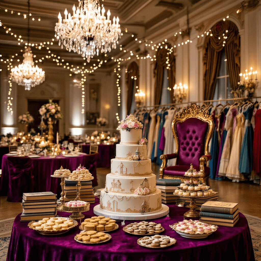 A grand Storybook Adventure themed party in an elegant ballroom, featuring crystal chandeliers, warm fairy lights, rich velvet tablecloths, vintage book centerpieces, a multi-tiered storybook cake, character-themed desserts, a majestic throne, and costume racks, all illuminated in a magical atmosphere.