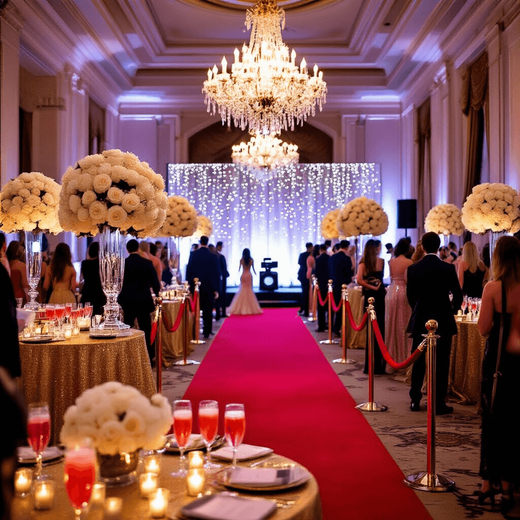 A glamorous Sweet 16 celebration in an opulent ballroom with a red carpet, crystal chandeliers, gold-draped tables, floral centerpieces, fairy lights, a mocktail bar, and a vintage movie camera photo booth.