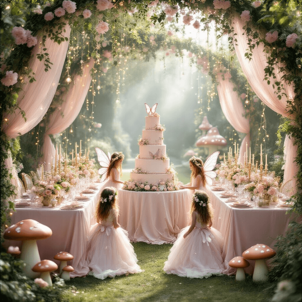 An enchanting fairy tale garden setting with soft morning light illuminating flower arches, fairy lights, and long tables adorned with blush pink silk linens, towering floral centerpieces, and a grand tiered cake. Young guests in shimmering fairy wings frolic among oversized toadstools and a 'wishing well' gift table, surrounded by flowing pastel streamers and cascading ivy.