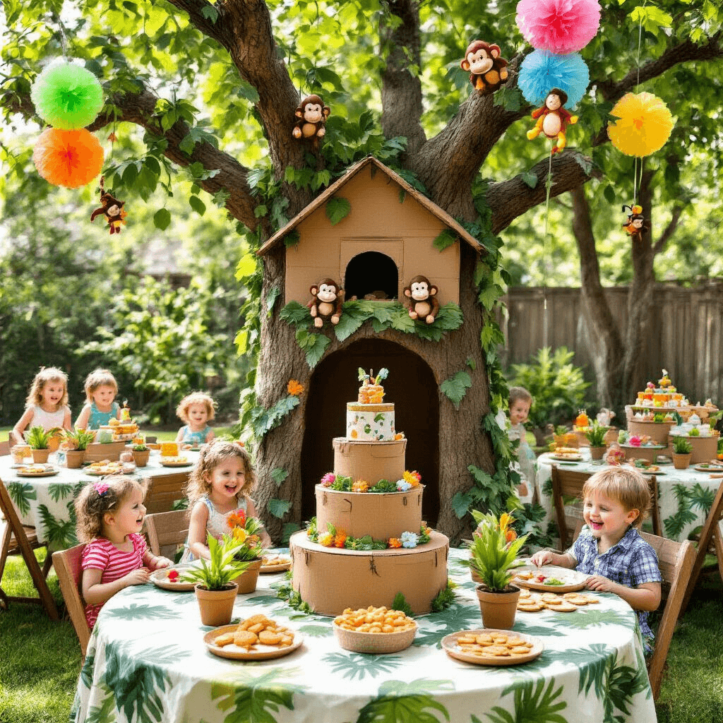 A whimsical Jungle Safari-themed birthday party for a 4-year-old in a sunlit backyard featuring a cardboard treehouse, leaf-print tablecloths with stuffed animal centerpieces, balloon 'trees' with monkey and parrot cutouts, a tiered cake resembling safari hatboxes, and children enjoying a ball pit and posing by a jeep-shaped cutout.