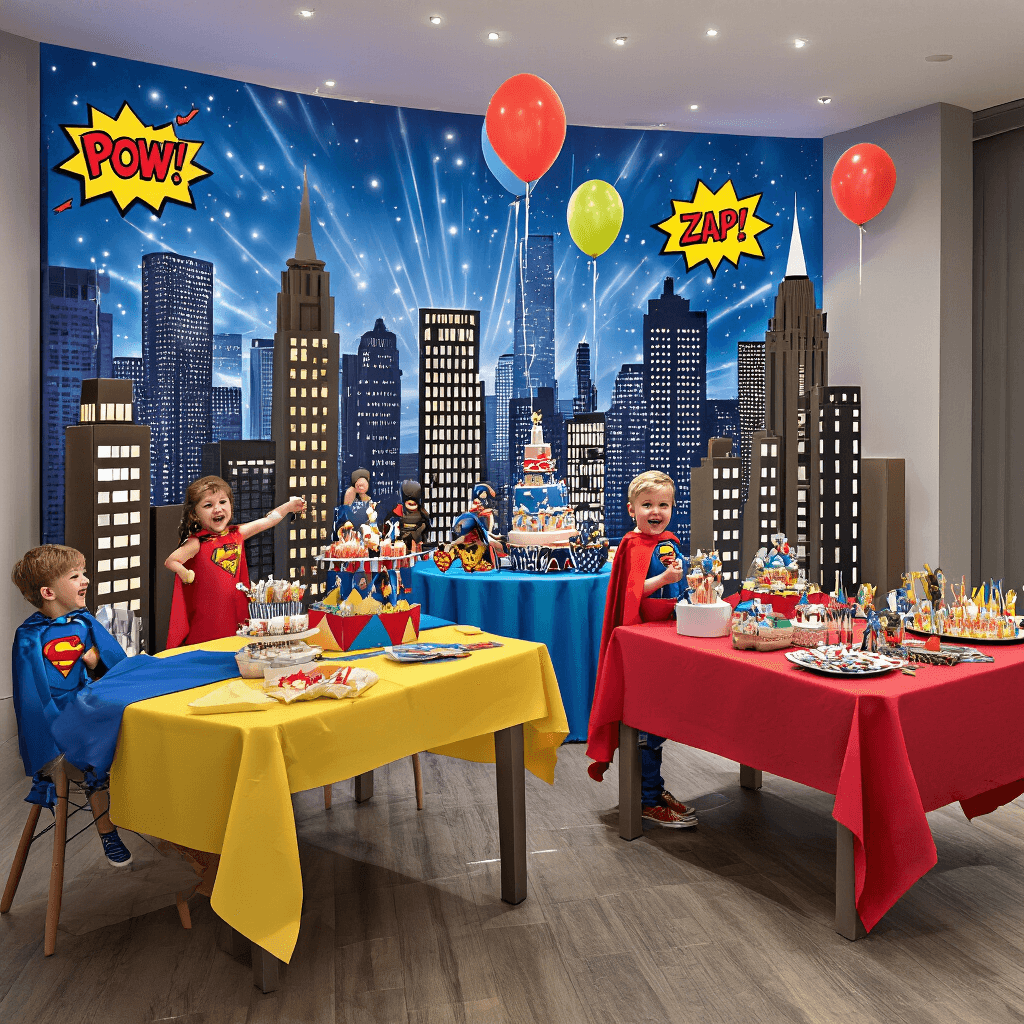 A vibrant superhero-themed party in a modern apartment, featuring a cityscape backdrop, colorful tables with action figure centerpieces, floating comic book speech balloon balloons, a dessert station with superhero-themed cupcakes, and children in capes practicing poses in front of a green screen.