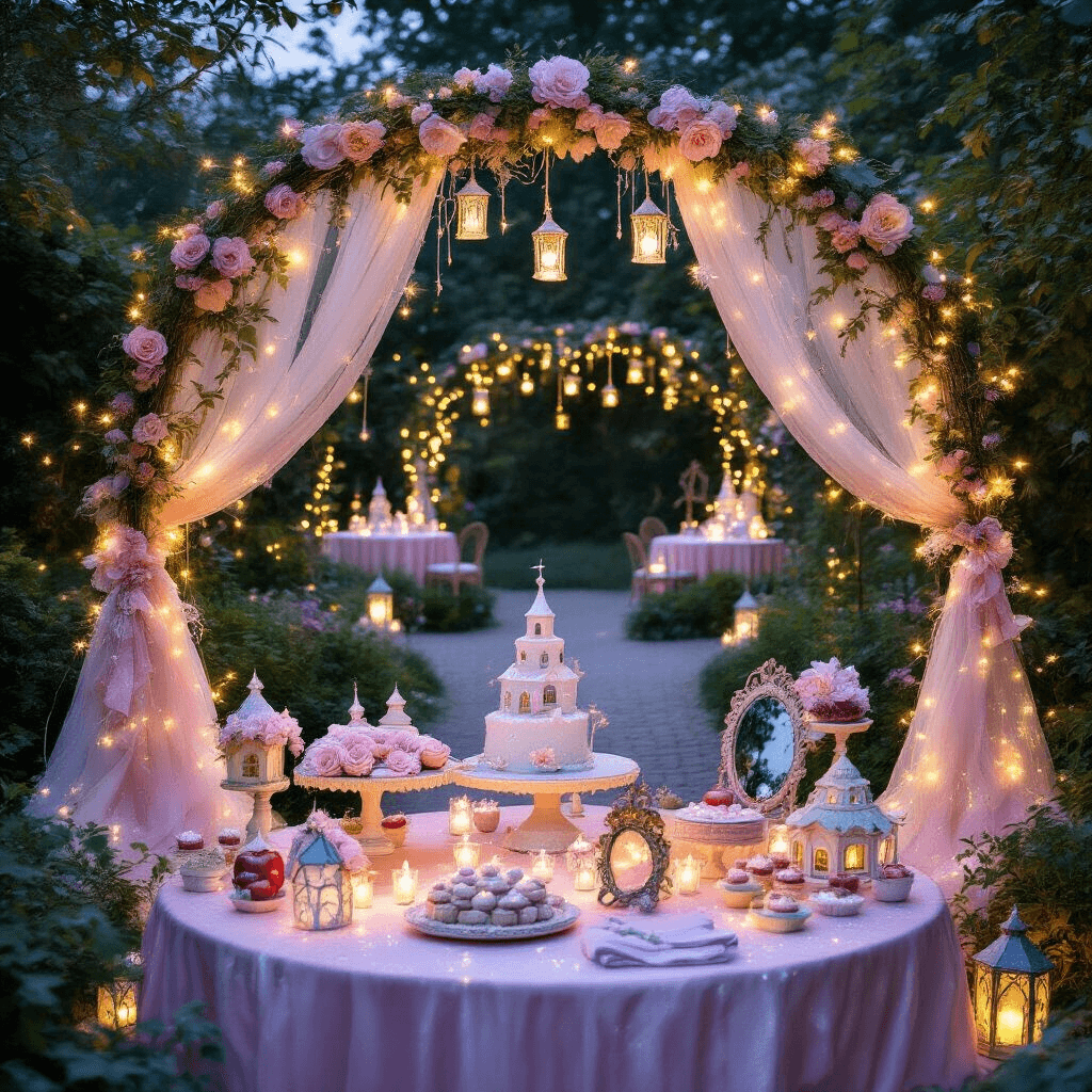 A whimsical garden setting at twilight, adorned with fairy lights, an enchanted forest entrance, shimmering pastel tables, fairy house centerpieces, a royal throne photo op with magic mirror props, a fairytale cottage dessert table featuring poison apple cake pops and a castle cake, and children in costumes twirling near a wishing well gift table, capturing a magical, ethereal atmosphere.