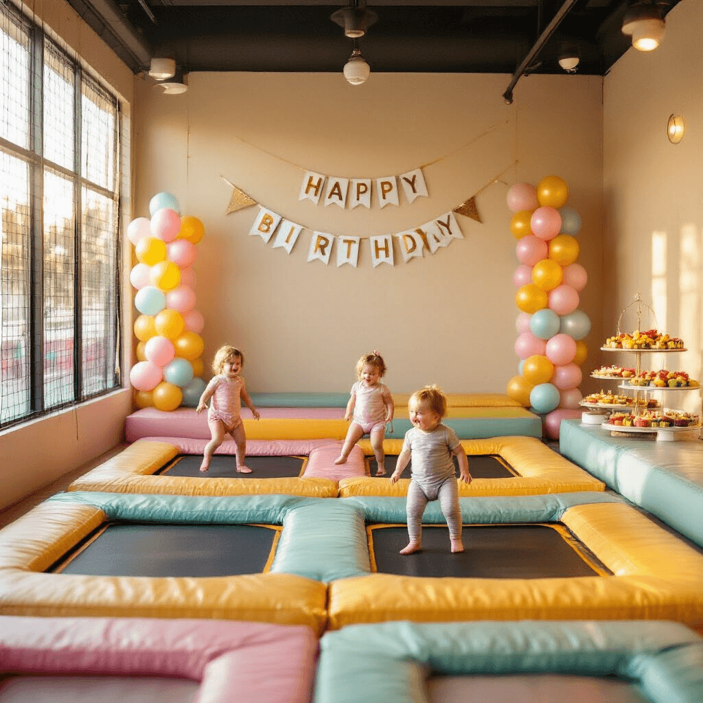 A vibrant birthday celebration in a toddler trampoline park, featuring pastel-colored bouncy surfaces, a 'Happy Birthday' banner, metallic balloons, toddlers joyfully bouncing, and a snack station with fruit skewers and mini cupcakes, all bathed in warm ambient lighting.