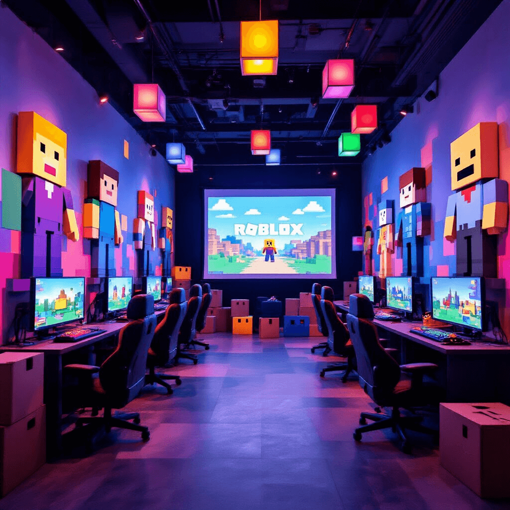 A colorful indoor party room designed as a Roblox-themed wonderland, featuring pixelated banners, blocky character cutouts, a large projector screen with a game display, gaming stations with comfy chairs, and vibrant primary colors enhanced by soft ambient lighting.