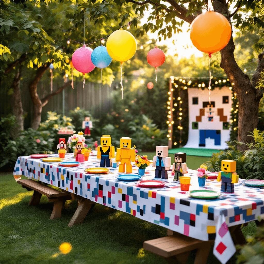 A whimsical outdoor garden party featuring a long picnic table with a pixelated tablecloth, decorated with blocky Roblox-inspired centerpieces and colorful dishware, surrounded by lush greenery, oversized Robux-shaped balloons, and strings of fairy lights, with a DIY green screen photo booth in the background.