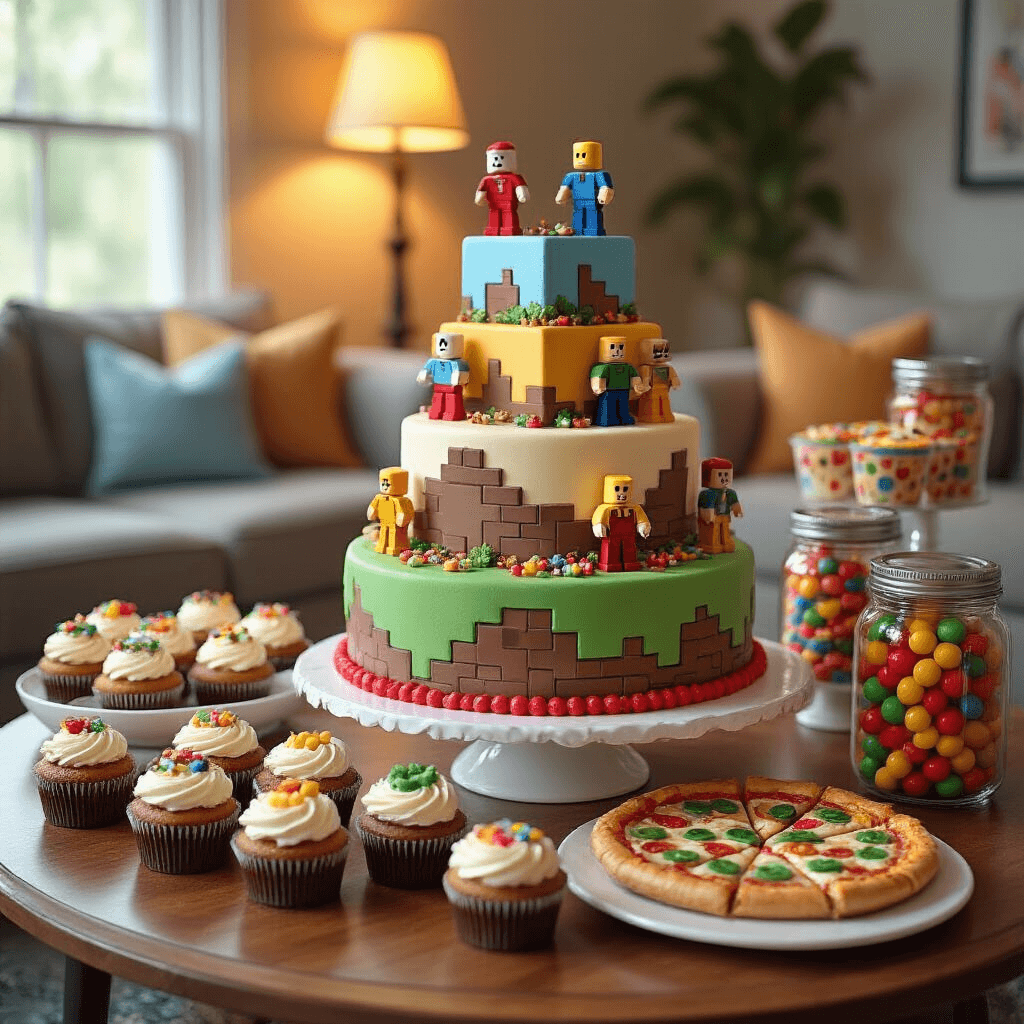 An elaborate Roblox-themed cake and dessert display in a cozy living room, featuring a multi-tiered cake designed like a Roblox game world, decorated with fondant character figurines. Cupcakes resembling various Roblox icons surround the cake, and a nearby cupcake decorating station invites young guests. Clear jars filled with Roblox-colored candies and pizza-shaped snacks complete the festive atmosphere, enhanced by soft, warm lighting.