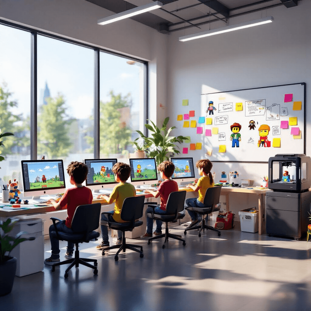 A vibrant Roblox Studio workshop features young party-goers engaged in game design at sleek workstations, with colorful sticky notes on the walls, a 3D printer in action, and a large whiteboard displaying collaborative concepts, all under natural light from large windows.