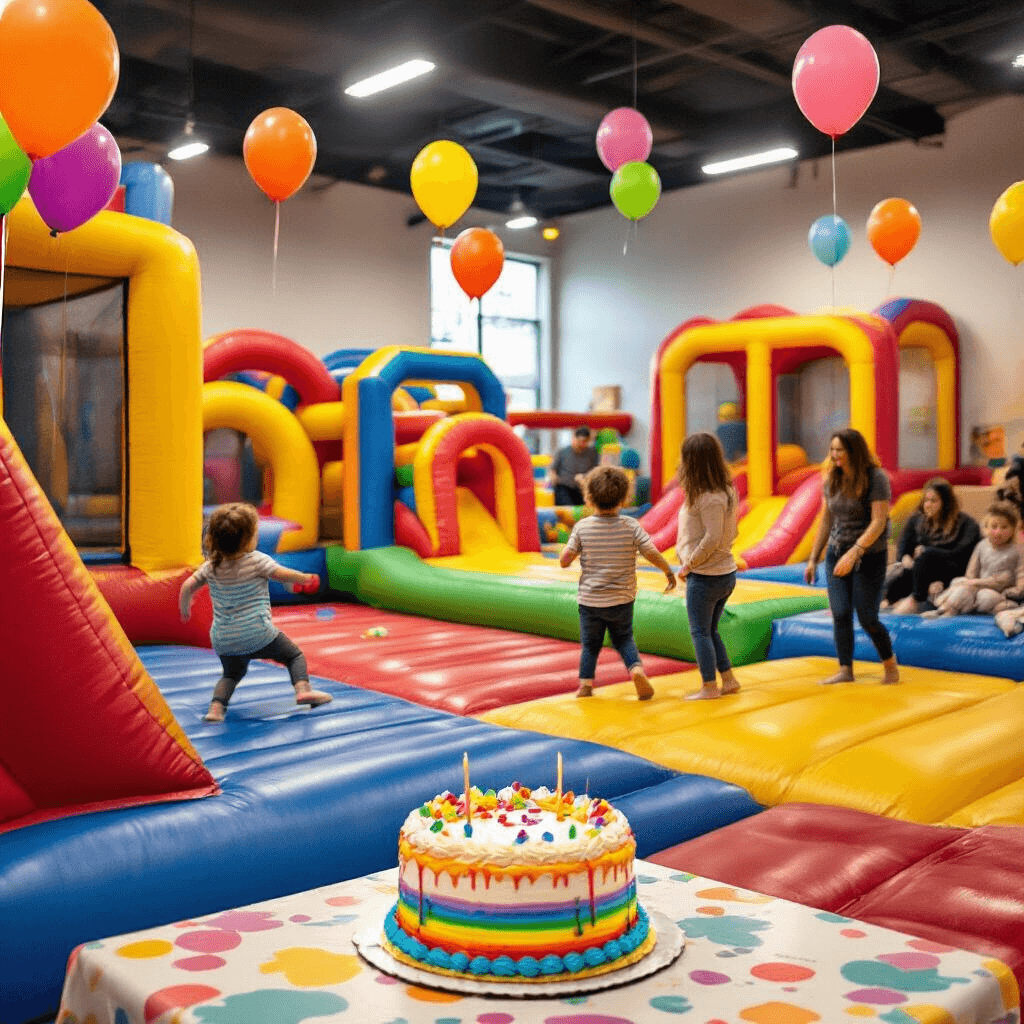 A lively indoor play center featuring colorful inflatable structures and obstacle courses, with children joyfully bouncing and sliding. A beautifully decorated birthday cake with rainbow frosting is on a table in the foreground, while helium balloons float above and parents chat nearby. The scene is illuminated by soft, diffused lighting that enhances the energetic atmosphere.