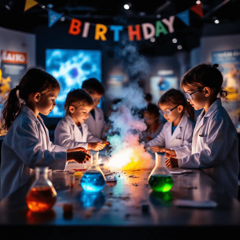An interactive museum exhibit transformed for a birthday party, featuring children in lab coats surrounding a table conducting a colorful chemical reaction, with glowing displays and a mix of educational posters and birthday decorations. A close-up captures a child's awe as they observe the vibrant smoke.