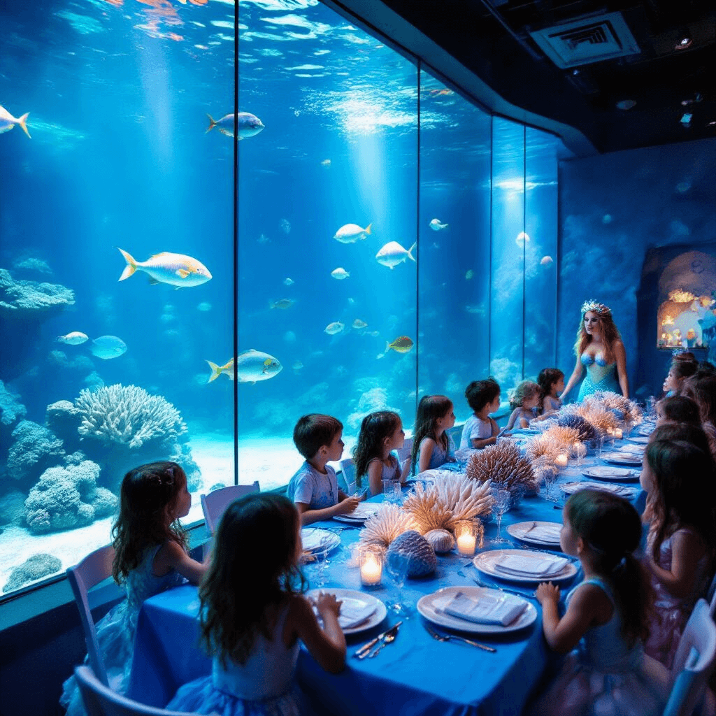 A vibrant underwater-themed party at an aquarium, featuring floor-to-ceiling tanks emitting an ethereal blue glow, tables with ombre blue linens adorned with coral and seashell centerpieces, children gazing at exotic fish through glass, and a mermaid entertainer storytelling in the corner, captured from a low angle.