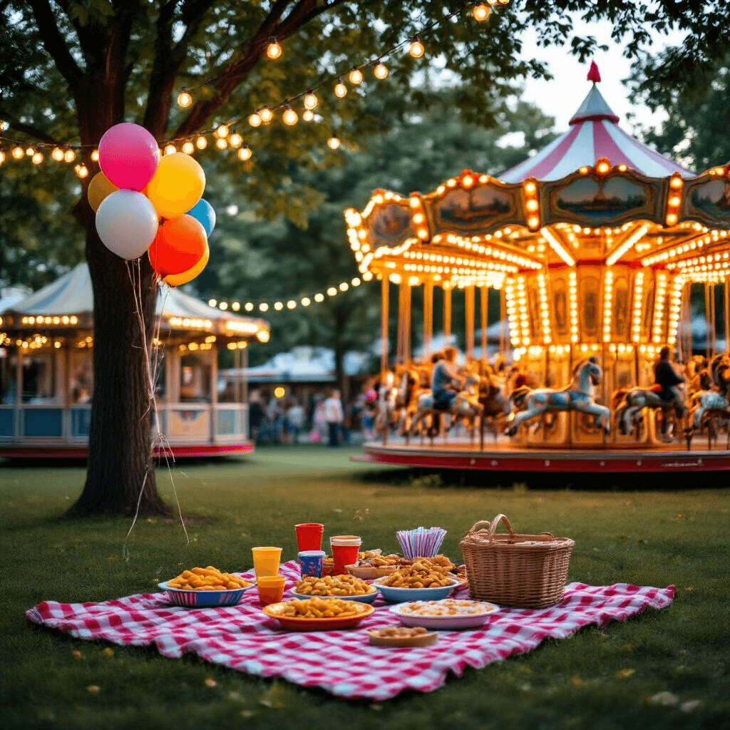 An overhead shot of an outdoor amusement park during golden hour, featuring twinkling string lights, a classic carousel, and a picnic area with checkered blankets and colorful plates of carnival snacks, along with helium balloons tied to trees.