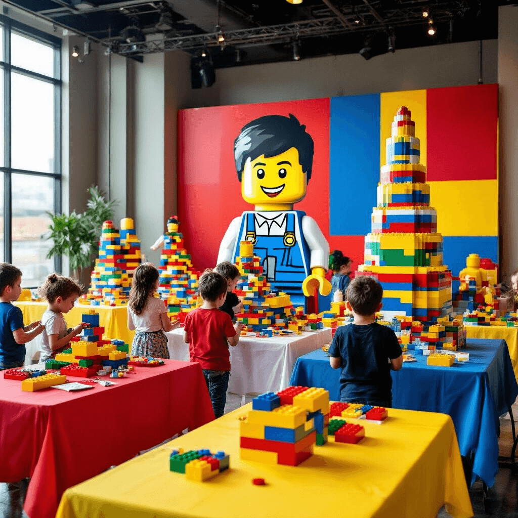 A vibrant LEGO-themed party in a modern event space with tables draped in primary-colored linens, oversized LEGO brick centerpieces, children engaged in building challenges, a giant LEGO portrait of the birthday child on the backdrop wall, and a towering LEGO cake in the corner, all captured in a wide-angle shot.