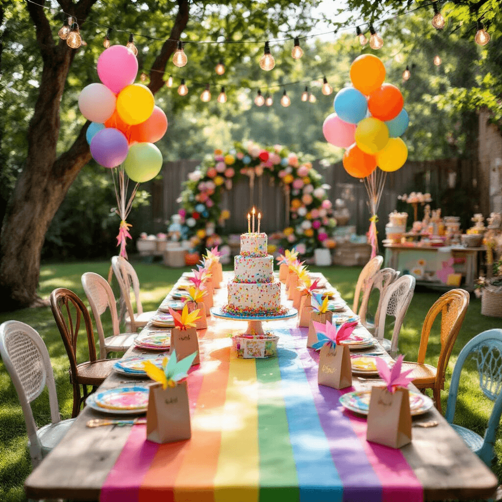 A whimsical backyard birthday party with a rainbow tablecloth picnic table, colorful balloons, vintage chairs with party favor bags, a decorated 3-tier cake, fairy lights overhead, and a DIY photo booth with a flower wall.